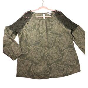 Christopher & Banks Olive Green Paisley Lace Shoulder Blouse XL Long Sleeve Boho